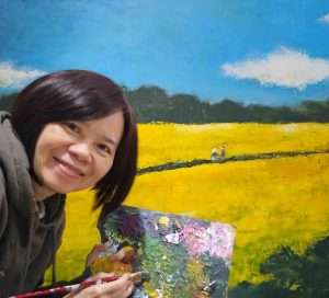 Artist Mee Mee Chai painting "See you again" acrylic on canvas.