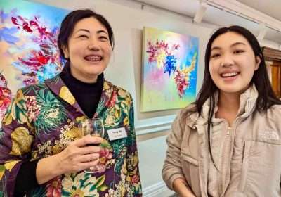 Artist Yang Xu (left) at the Private View, Elemental Exhibition, 6th March 2024