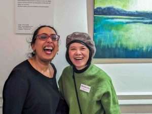 Artist Mee Mee Chai (right) at the Private View of the Elemental Exhibition. 6th March 2024.