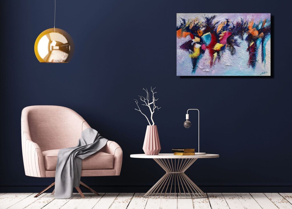 "Finding Sanctuary". Abstract painting by Annette Price displayed in a room setting.